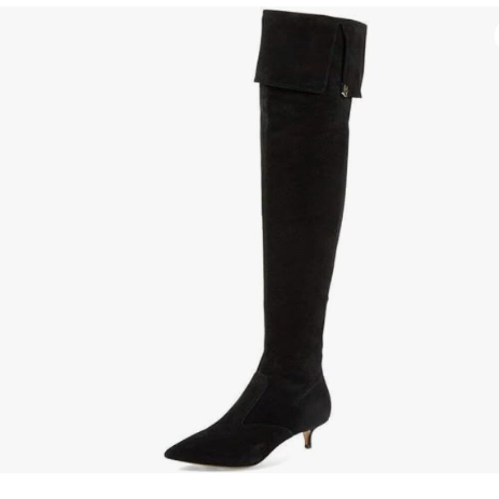 YDN Women Pointed Toe Over The Knee High Stilettos Kitten Mid Heel Black Shoes